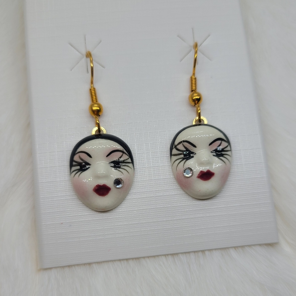 Vintage Fancy Faces Hand Painted Porcelain Mask Dangle Earrings